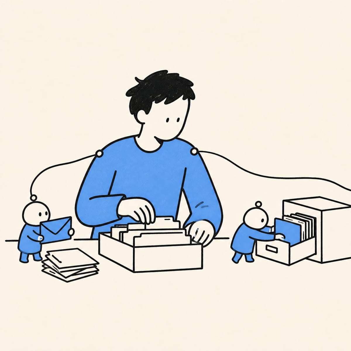 Editorial illustration for How I Use AI Agents and Agentic Workflows Day to Day showing a solo engineer at a workbench with three or four small agent-workers around them, each on one focused task — one classifying an envelope, one feeding a folder into a drawer, one watching a small status light — each connected back to the engineer by a thin reliable thread.